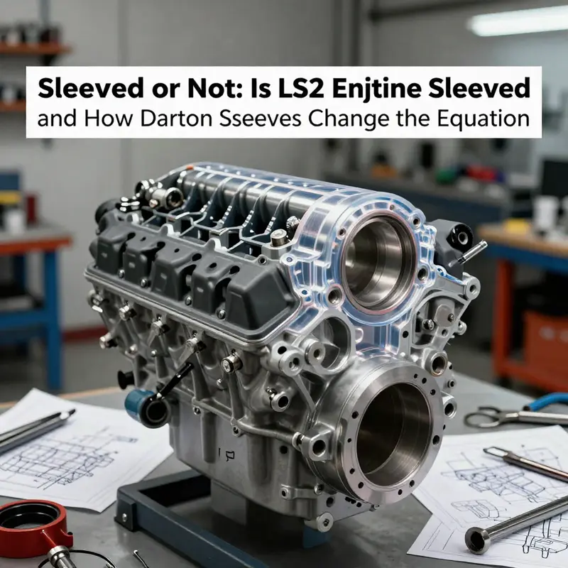 Photo-realistic cover image of an LS2 engine showing a bore cross-section and a Darton sleeve with measuring tools and blueprints.