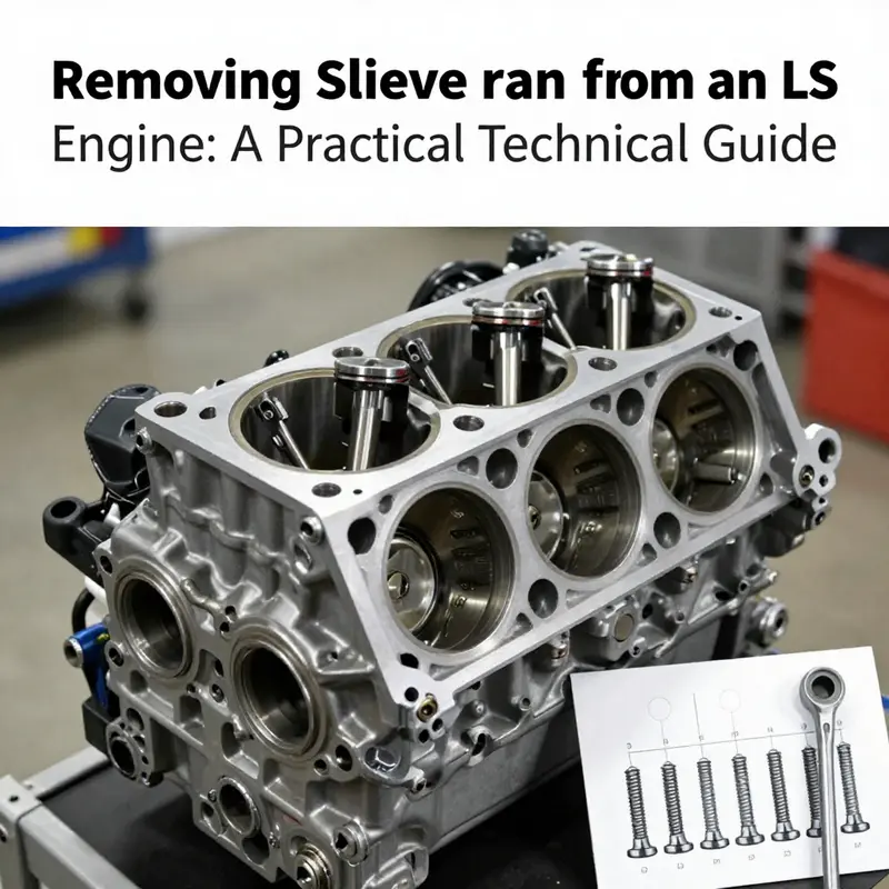 Organized initial disassembly of an LS engine with fluids drained and components labeled for sleeve removal readiness.