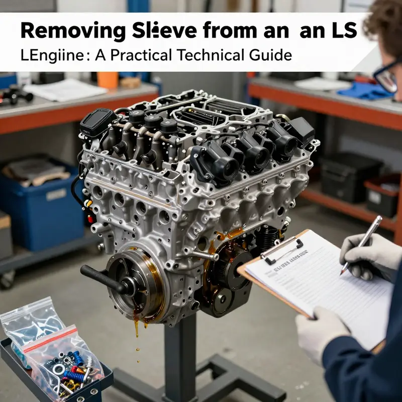 Organized initial disassembly of an LS engine with fluids drained and components labeled for sleeve removal readiness.