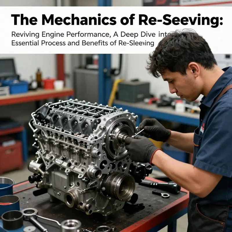 A mechanic working intently on a high-performance engine, focusing on the re-sleeving process in a modern workshop.