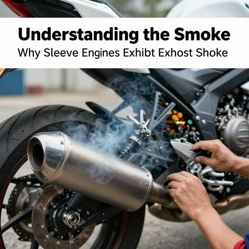 A mechanic examines a sleeve engine, visibly emitting blue-gray smoke due to oil burning.