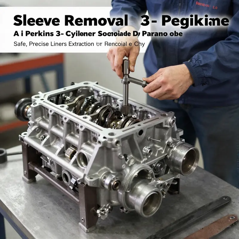 Engine block on a workbench with the sleeve removal setup in progress and a technician overseeing the process.