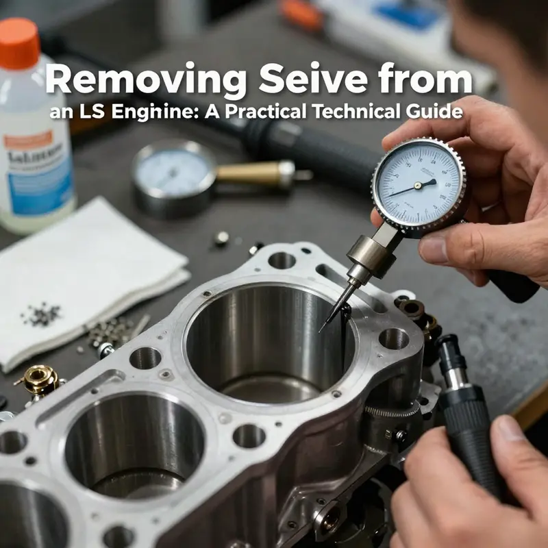 Organized initial disassembly of an LS engine with fluids drained and components labeled for sleeve removal readiness.