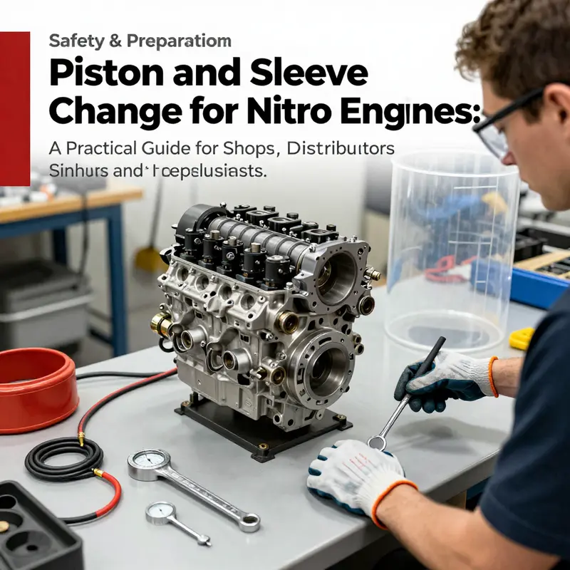 Safety-first setup for piston-sleeve replacement on a nitro engine, with tools and PPE ready.