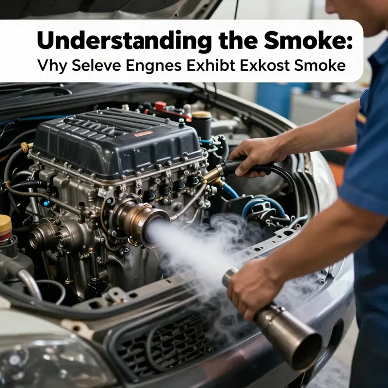 A mechanic examines a sleeve engine, visibly emitting blue-gray smoke due to oil burning.