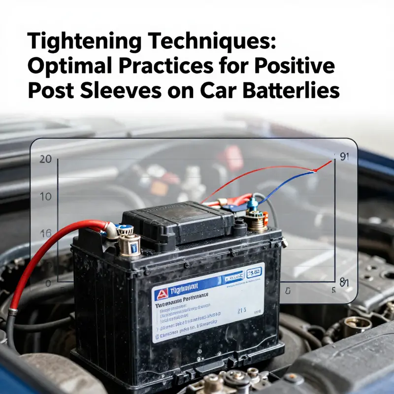 A mechanic demonstrates the correct technique for securing the positive post sleeve on a car battery.