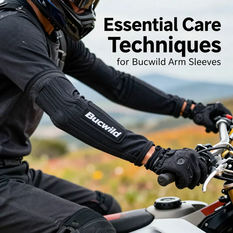 A motorcycle rider wearing Bucwild arm sleeves against a scenic backdrop, showcasing the sleeves' functionality and importance.