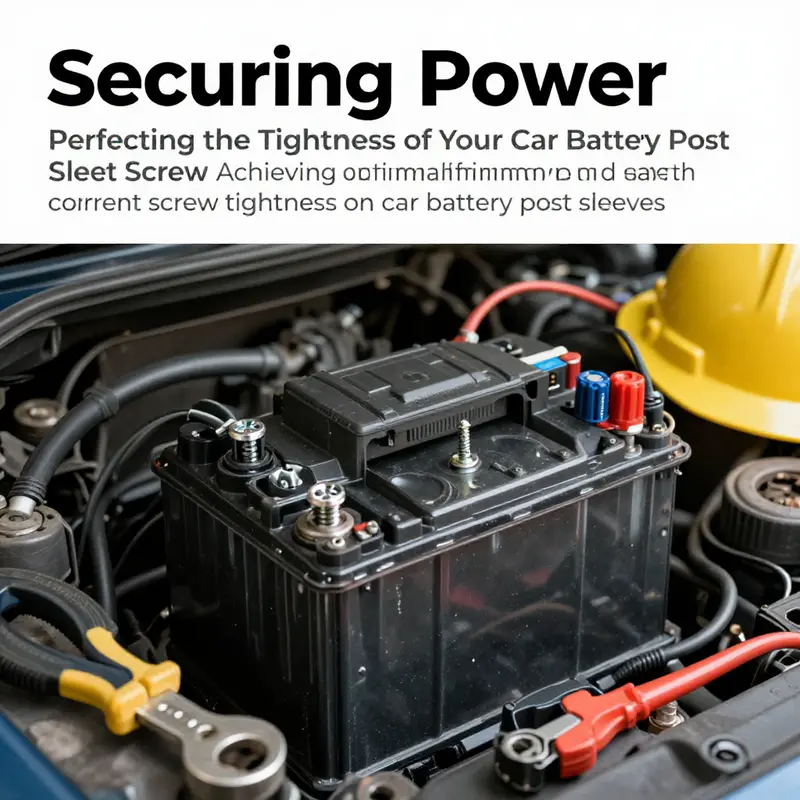 A detailed and informative image showing a car battery and tools, emphasizing the significance of proper screw tightness.