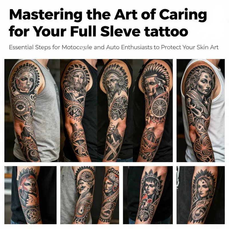 Collage of full sleeve tattoos exemplifying various artistic styles, connecting tattoo art with motorcycle culture.