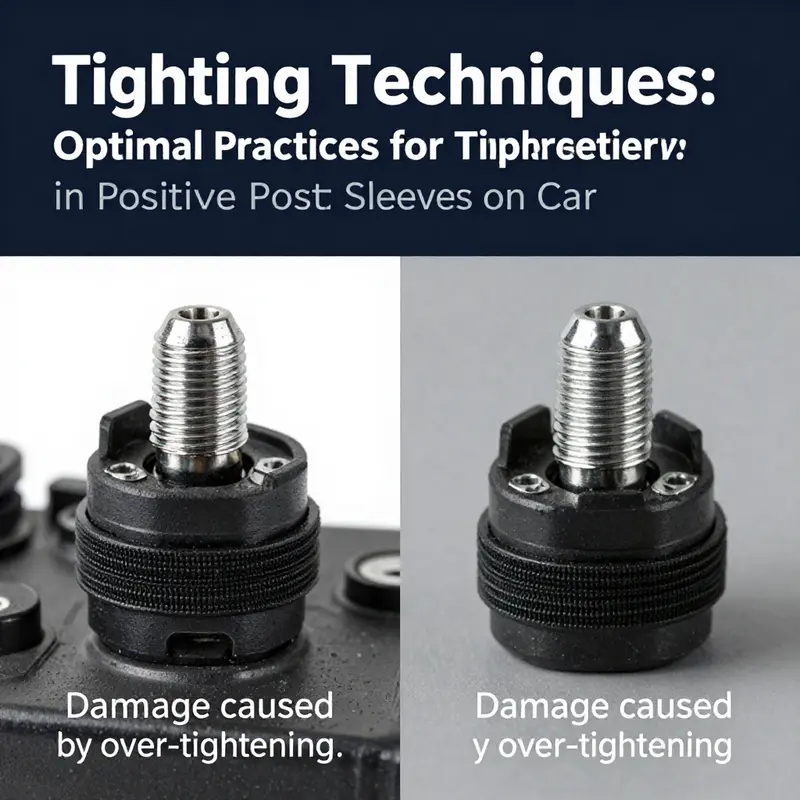 A mechanic demonstrates the correct technique for securing the positive post sleeve on a car battery.