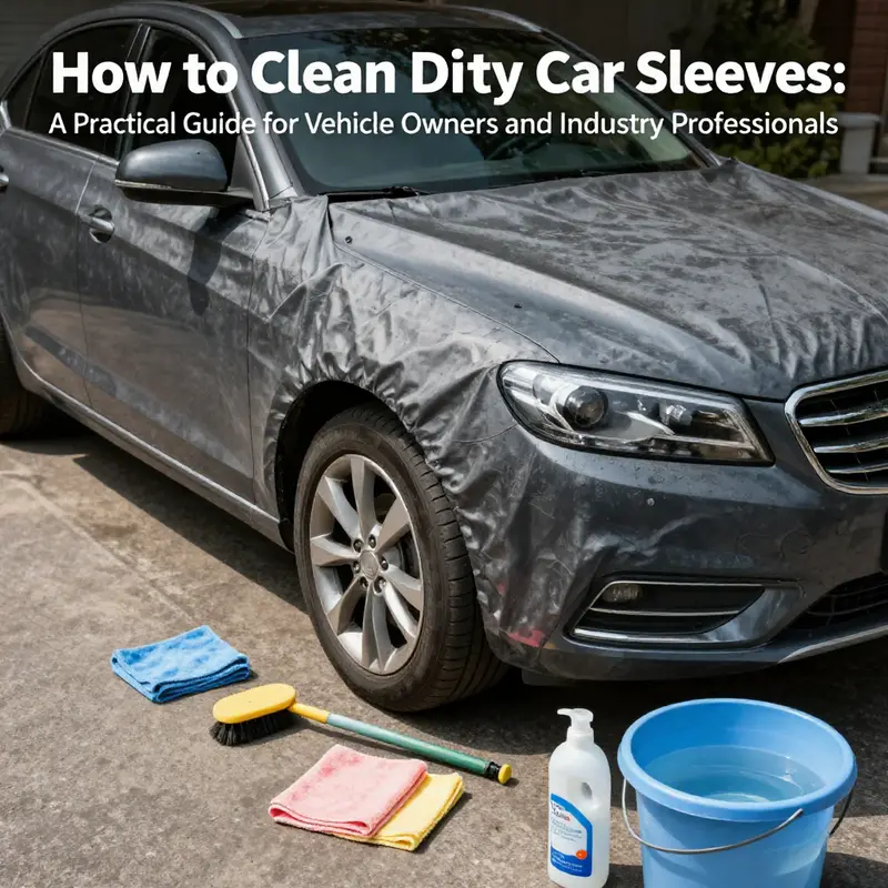 Vehicle with partially removed fabric car sleeve surrounded by cleaning supplies under shaded outdoor light.