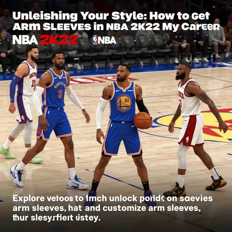 A vibrant NBA 2K22 gameplay scene featuring players showcasing diverse arm sleeves during a basketball match.