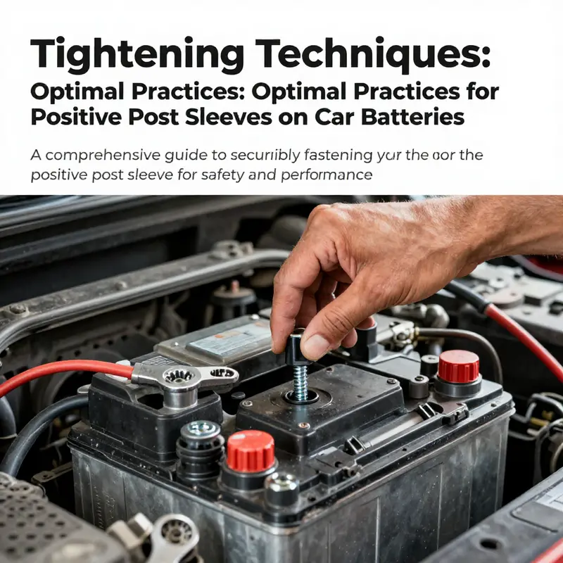 A mechanic's hands securely tightening a car battery's positive post sleeve with tools.