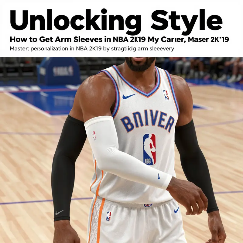 A My Career player character in NBA 2K19 displaying fashionable arm sleeves on a court backdrop.