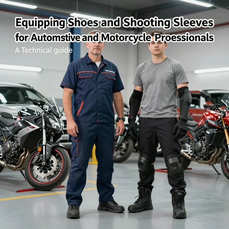 Automotive technician and motorcycle owner wearing protective footwear and shooting sleeves inside a repair garage.