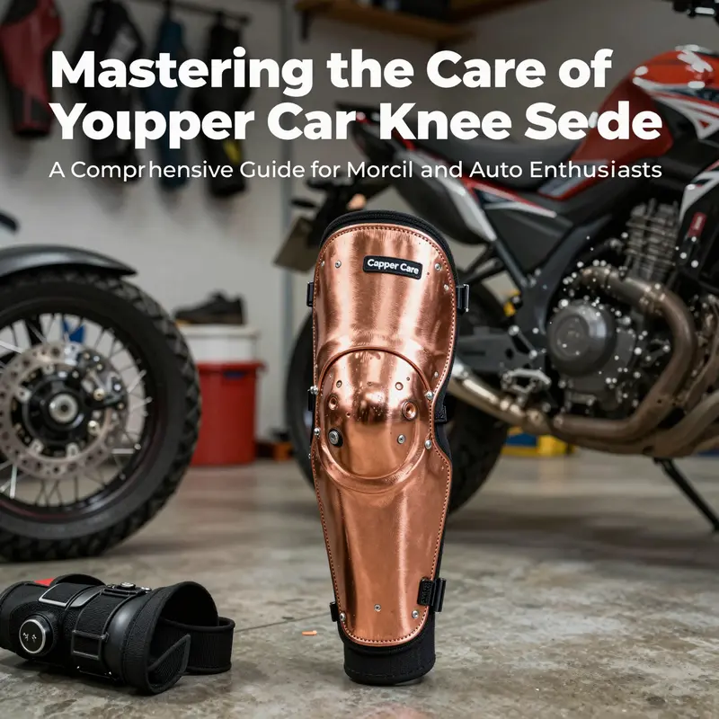 A detailed view of a motorcycle gear setup in a garage, highlighting the importance of maintenance for a copper care knee sleeve.
