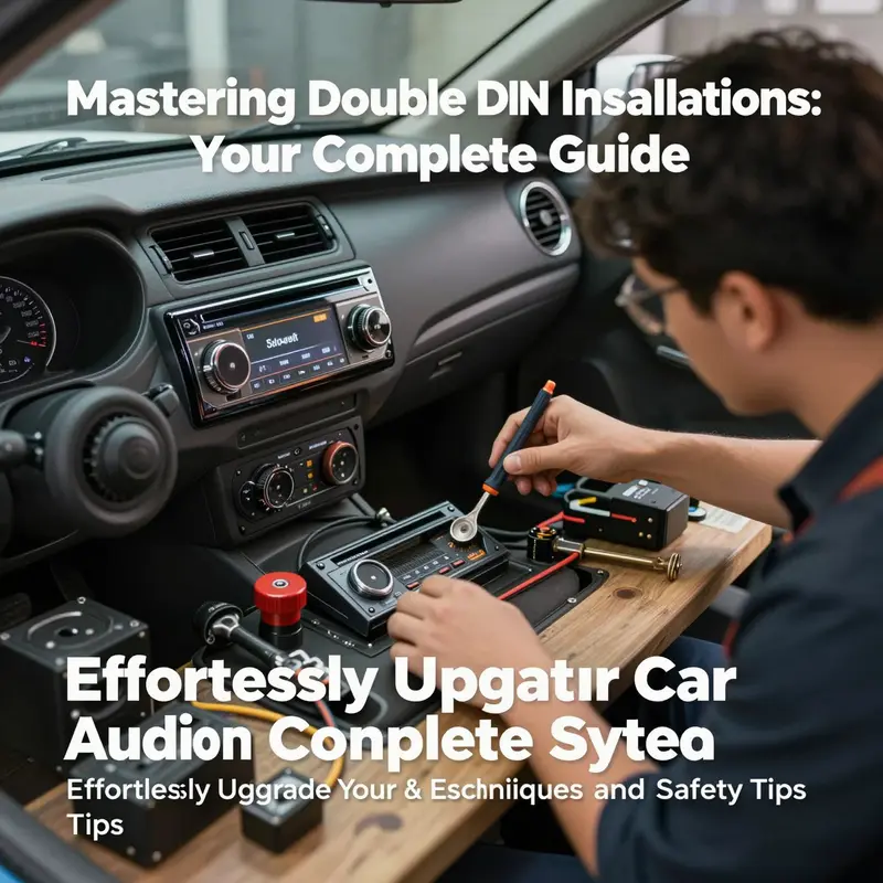 A professional mechanic performing a double DIN stereo installation in a car, surrounded by tools and equipment.