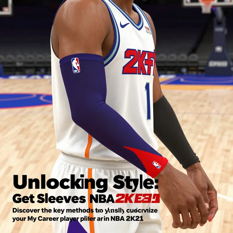 An NBA 2K21 character adorned in stylish arm sleeves, posed on a basketball court.