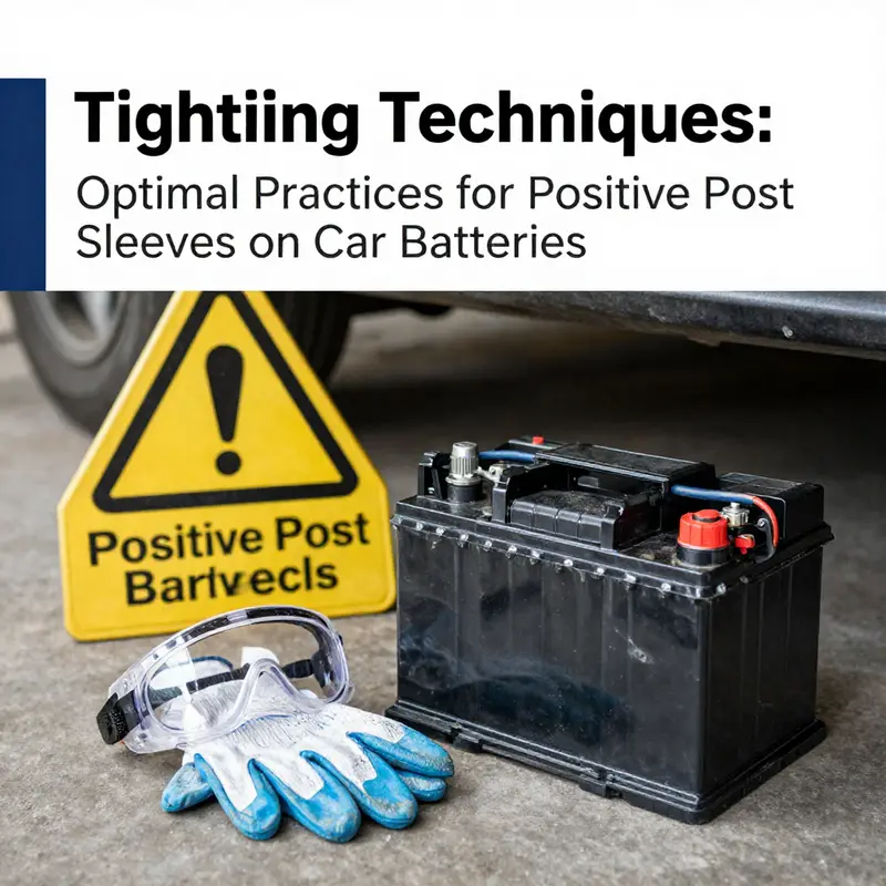 A mechanic demonstrates the correct technique for securing the positive post sleeve on a car battery.