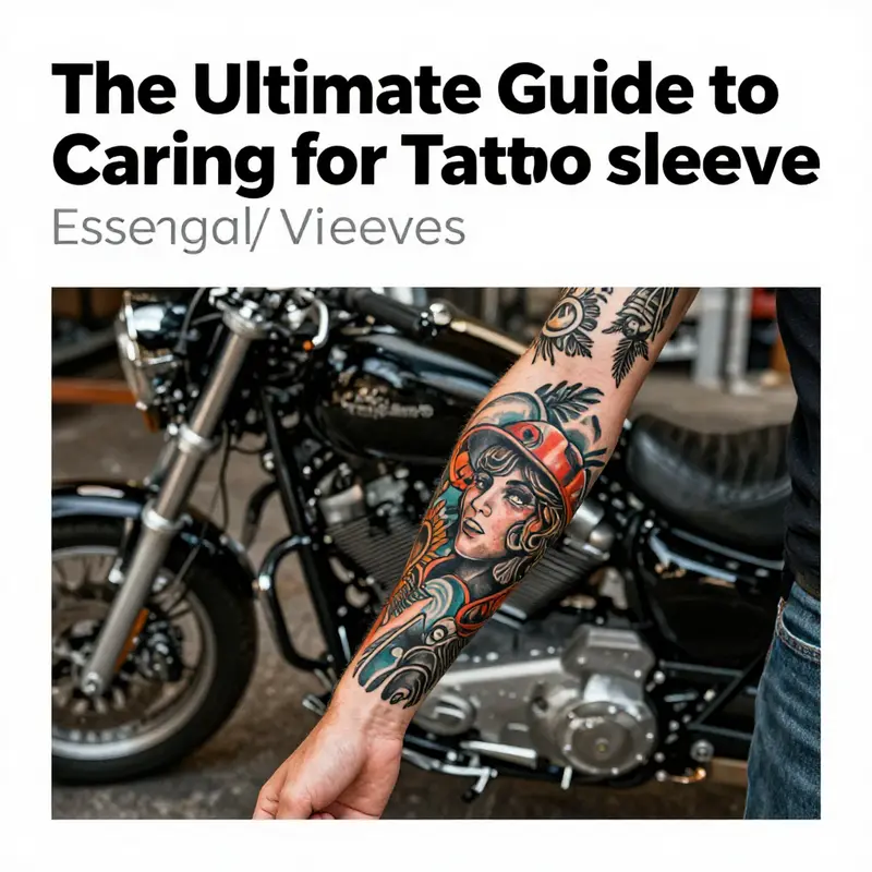 Motorcycle enthusiast showcasing a vibrant tattoo sleeve with motorcycles in the background.