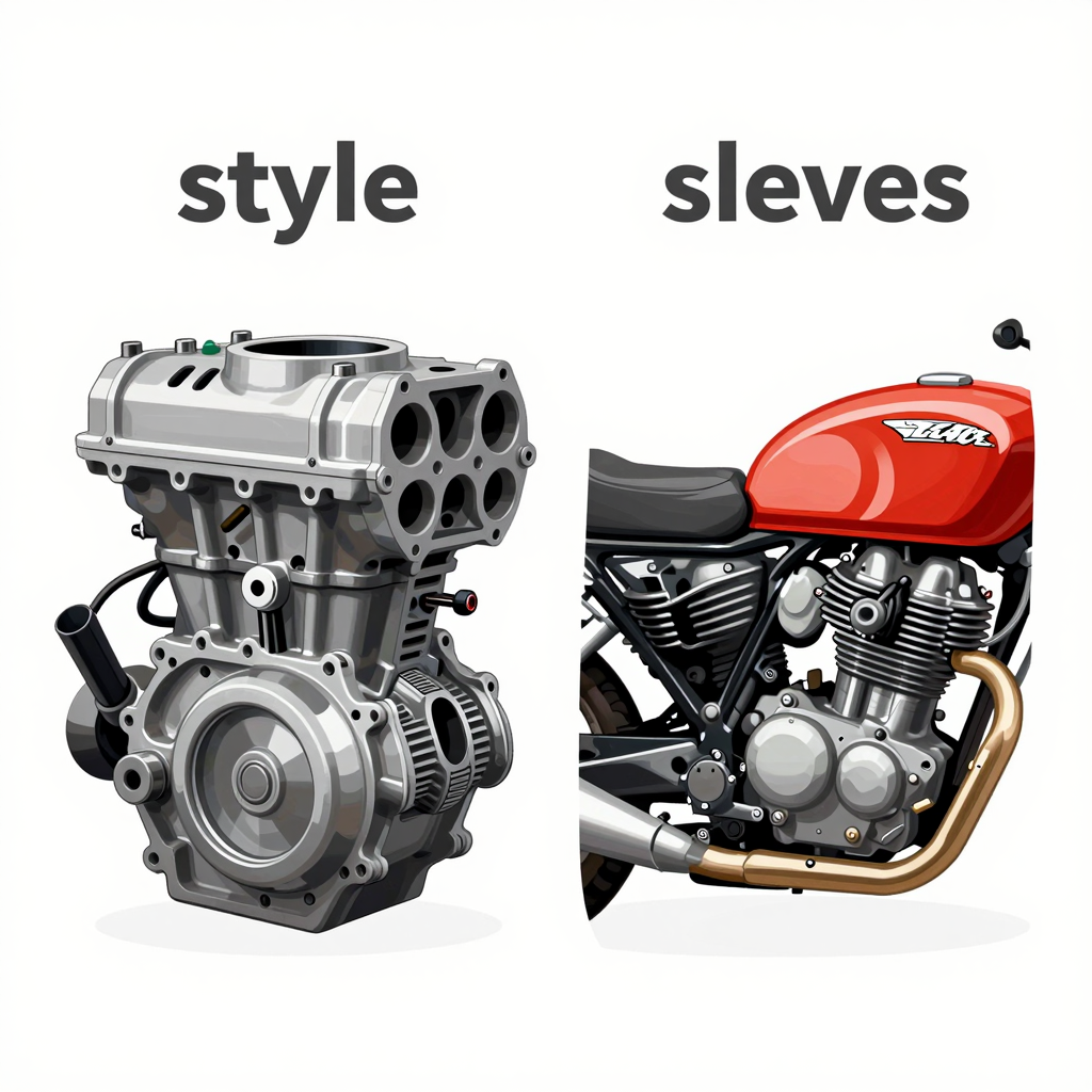 Illustration showing the difference between automotive engines with cylinder sleeves and motorcycle engines without sleeves, highlighting key components and features.