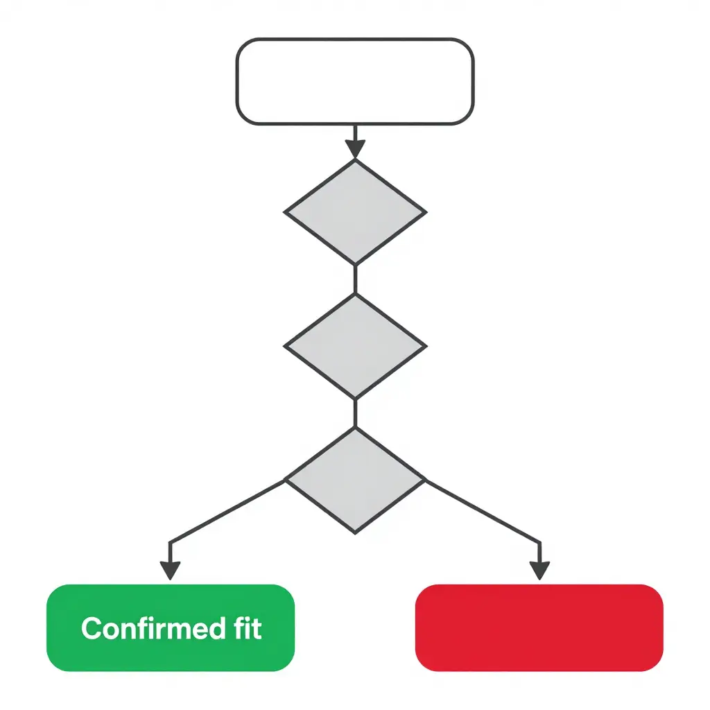 Minimalist flow diagram of the pre-order fitment check showing a starting box, a sequence of decision diamonds, and two branching outcome paths representing a confirmed fit and a mismatched part