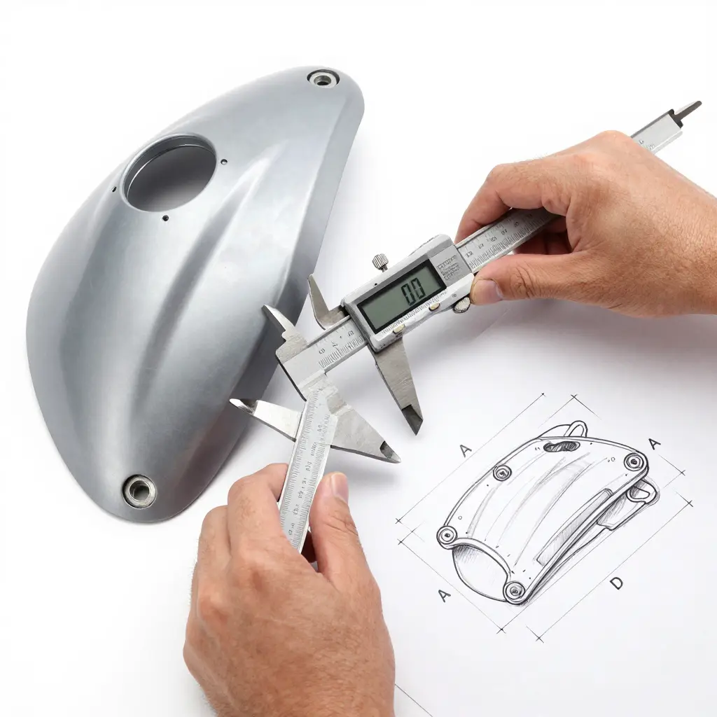 Mechanic measuring bolt hole centre-to-centre distance and hole diameter on a motorcycle fairing panel with a calliper, beside a rough sketch of mounting points