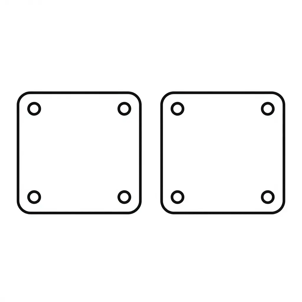 Minimalist two-dimensional diagram comparing two fairing mounting flanges side by side. The left flange shows bolt holes lining up with the frame mounting points, while the right flange shows the same bolt holes offset from the mounting points, making the misalignment easy to spot at a glance.