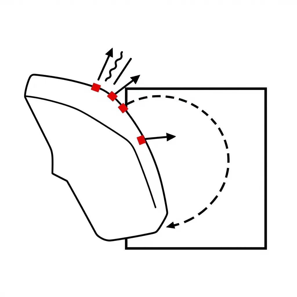 Simple 2D flat vector schematic showing a motorcycle side fairing panel outline with four highlighted mounting tabs, arrows converging on the tabs to represent vibration, stacking compression, and impact forces, and a dashed contour with a curved arrow showing panel movement inside the shipping box