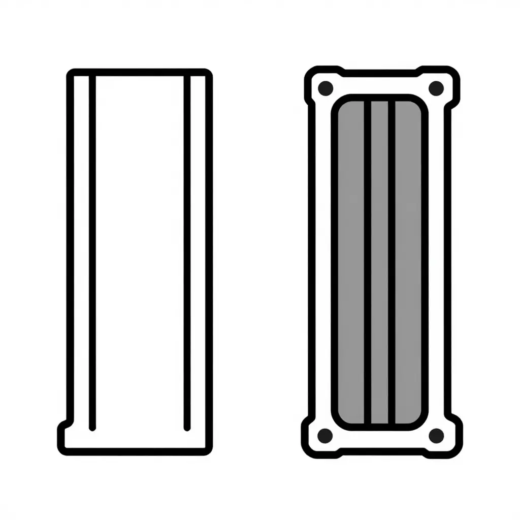 Minimalist 2D cross-section diagram showing a dry sleeve pressed into a solid engine block on the left and a wet sleeve surrounded by a coolant passage on the right